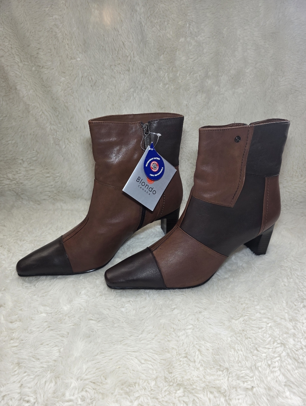 NWT Blondo Waterproof Leather Ankle Boots 90s Square Toe Patchwork Brown 11M